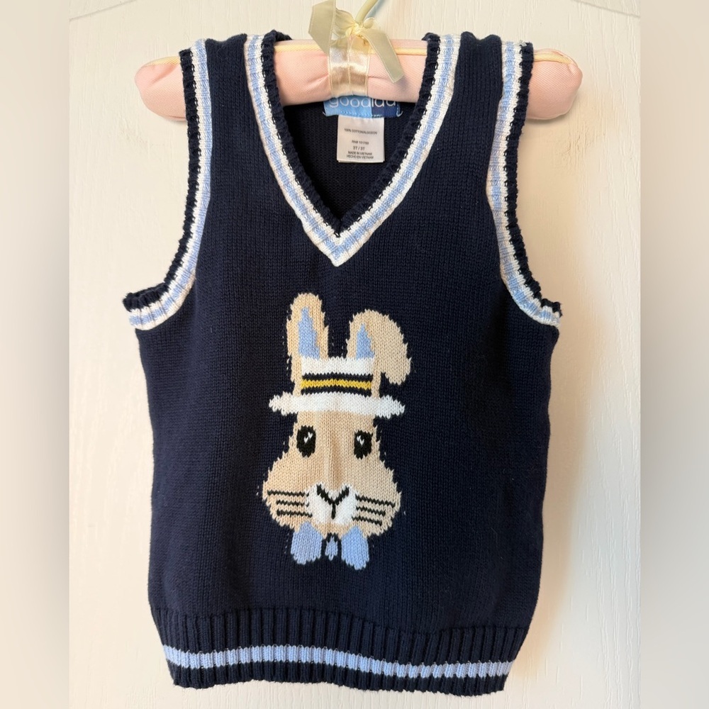 Goodlad navy cotton sweater vest with adorable bunny. Perfect for Easter